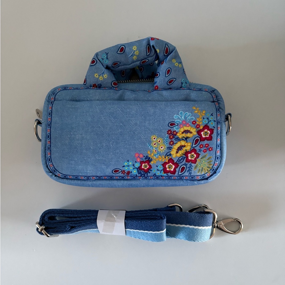 Brighton LOVE Bandana Floral Mini Crossbody Bag Blue Zip Pouch Wristlet Strap - Picture 2 of 4